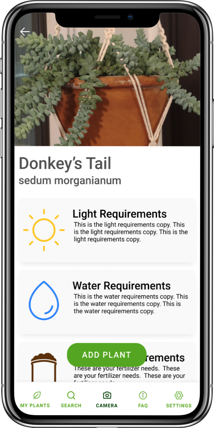 iPhone mockup of Photosynthetica displaying care informatino for the Donkey's Tail plant